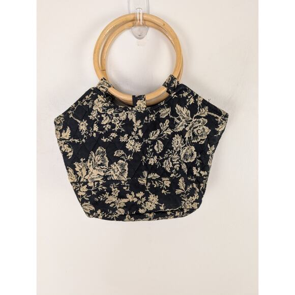 Ms. Millie Collection Purse Black White Quilted Floral Handbag Wooden Handles - Picture 1 of 7